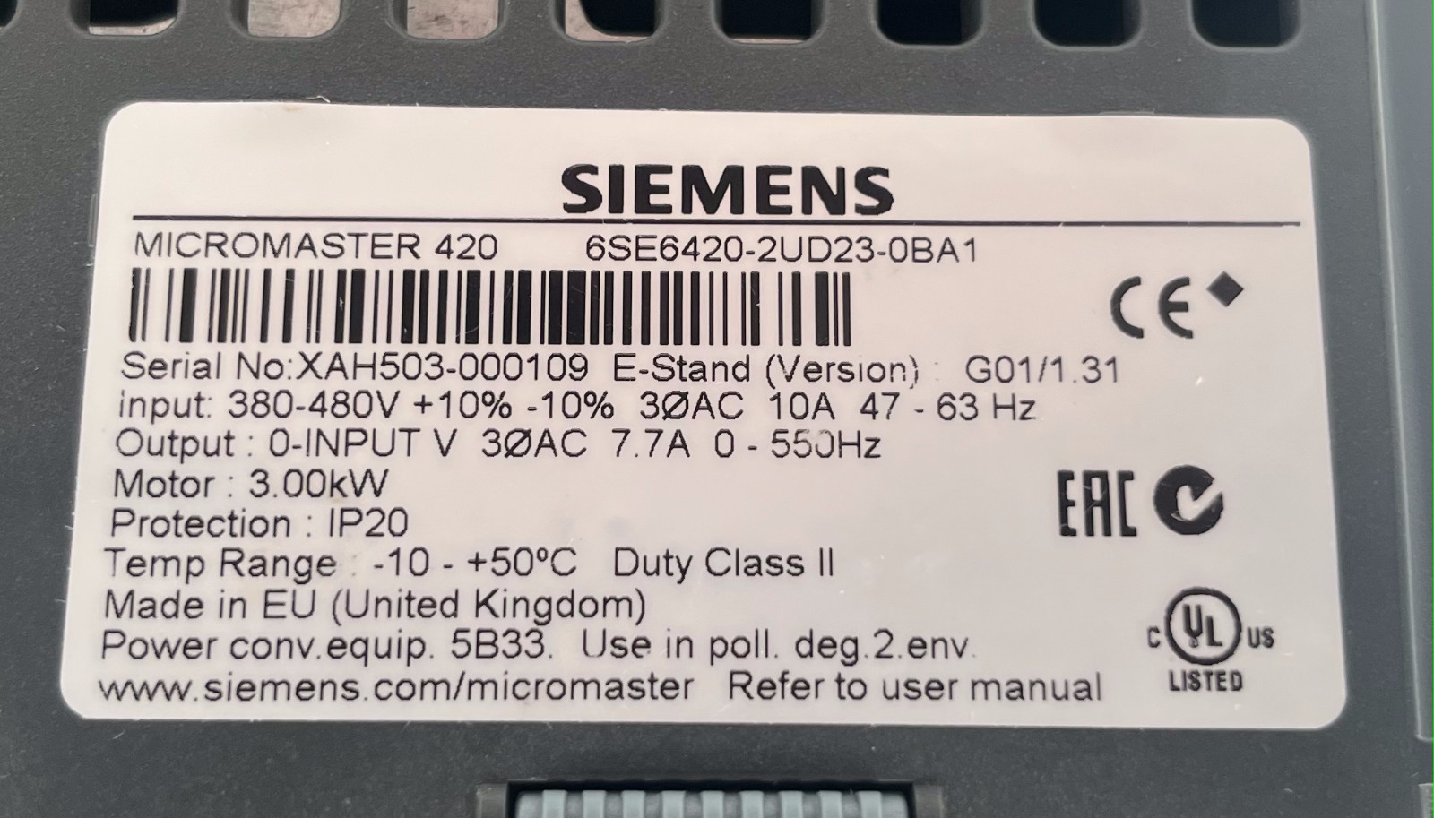 Siemens Micromaster 420 6SE6420-2UD23-0BA1 Ver. G01/1.31 | 6SE6 420-2UD23-0BA1, Siemens, Bild 2 von 8
